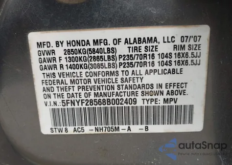 2008 Honda Pilot Ex-L from USA, damaged, VIN 5FNYF28568B002409